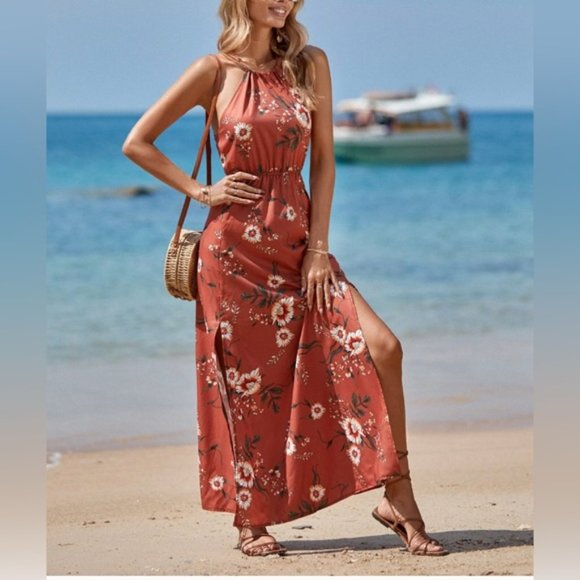 Redwood Floral Print Crisscross Backless Split Thigh Halter Dress - Picture 4 of 6